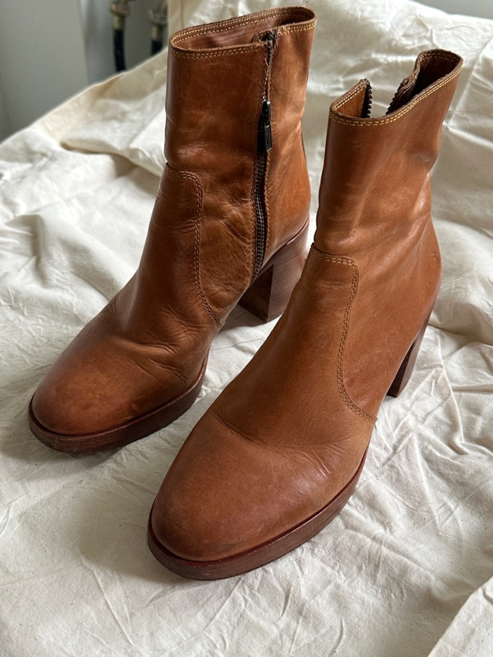 Frye Cognac Leather Block Heel Ankle Boots